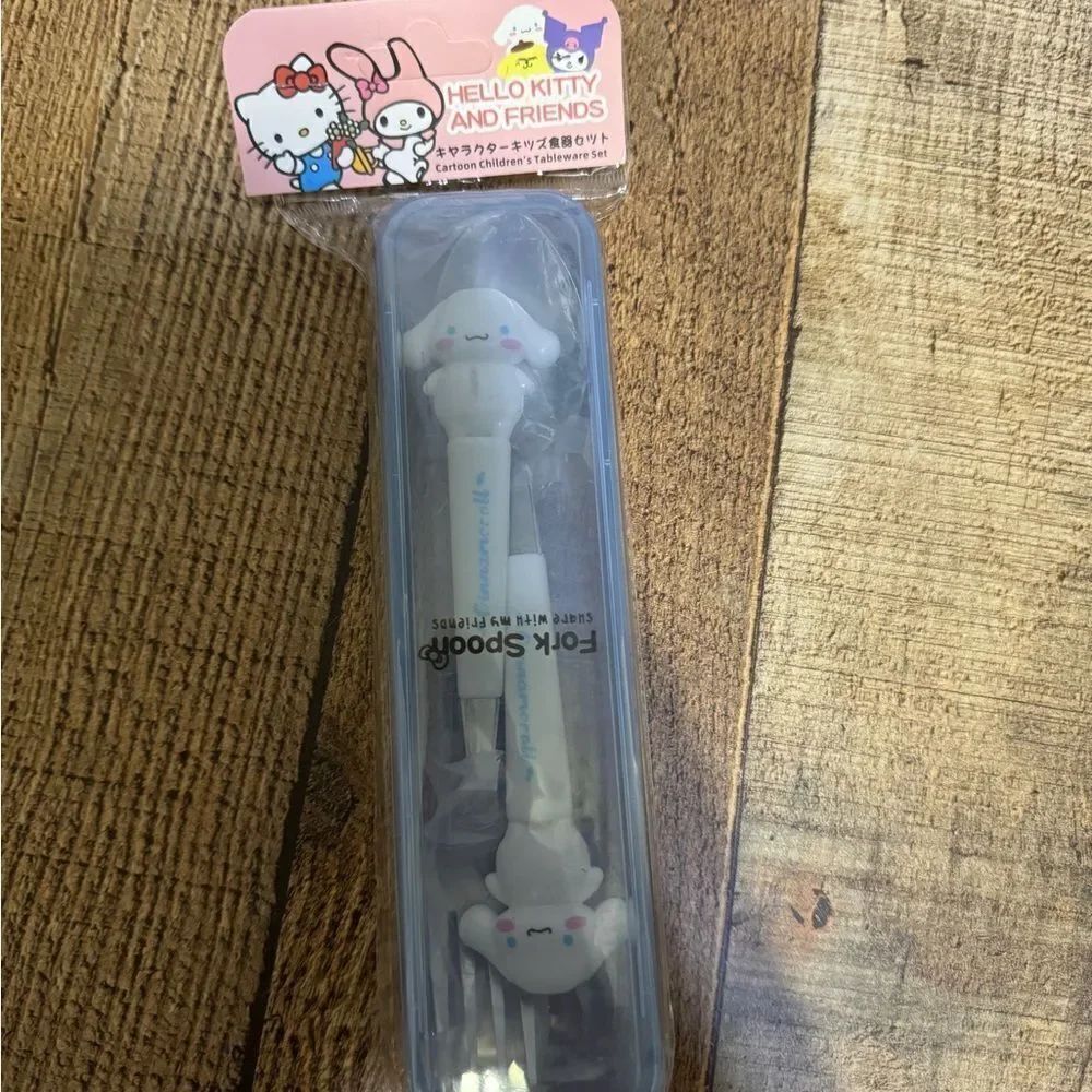 Sanrio Molded cinnamoroll Handle Fork & Spoon Set With Storage Case-NIP